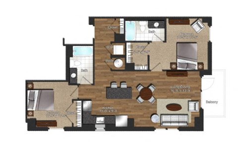 Floor plan for 2 beds, 2 baths, 1032 sqft